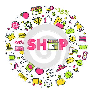 Shopping concept with modern thin line icons on white background