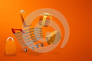 Shopping concept on orange background 3d illustrations