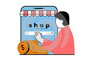 Shopping concept with people scene in flat web design. Vector illustration