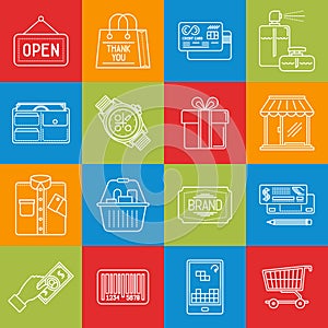 Shopping and consumerism lineart minimal vector iconset on multicolor checkered texture