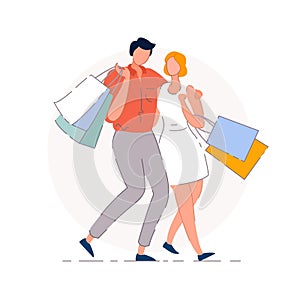 Shopping couple. Isolated vector shopaholic man