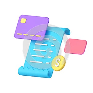 Shopping credit debit card payment with receipt invoice banking document 3d icon realistic vector