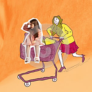 Shopping day. Picture of young woman with shopping trolley with little girl. Concept of inner child, childhood and