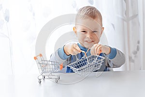 Shopping, discount, sale concept. Mall shopping. Buy products. Child playing shopping trolley cart, basket. Play shop