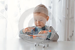Shopping, discount, sale concept. Mall shopping. Buy products. Child playing shopping trolley cart, basket. Play shop