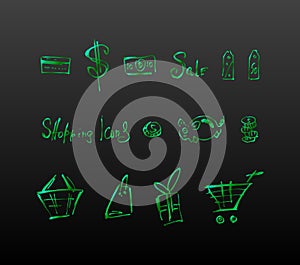 Shopping doodle icons set. Hand drawn outline vector isolated