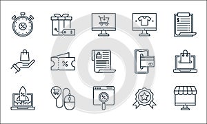 Shopping ecommerce line icons. linear set. quality vector line set such as ecommerce, web, rocket launch, medal, mouse, hand,