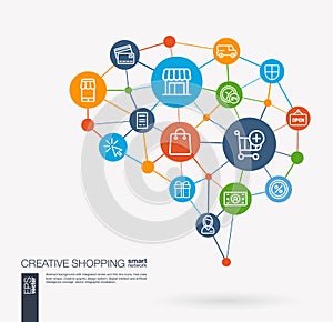 Shopping, ecommerce, market, retail and online sales integrated business vector icons. Digital mesh smart brain idea