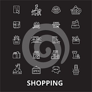 Shopping editable line icons vector set on black background. Shopping white outline illustrations, signs, symbols