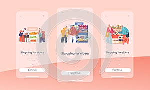 Shopping for Elders Mobile App Page Onboard Screen Template. Happy Senior Man and Woman Choose with Products in Store