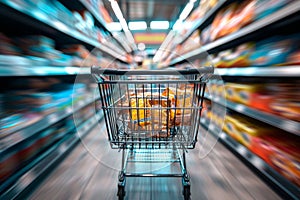 Shopping experience Blurred shopping cart in a busy supermarket department store