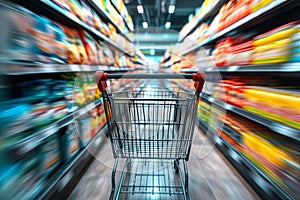 Shopping experience Blurred shopping cart in a busy supermarket department store