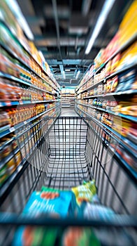 Shopping experience Blurred shopping cart in a busy supermarket department store