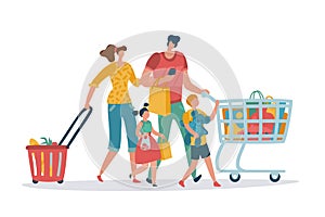 Shopping family. Mom dad kids shop basket cart consume retail purchase store grocery mall supermarket cartoon shoppers