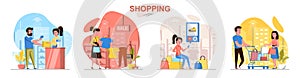 Shopping flat design concept scenes set