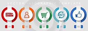 Shopping flat design icon set, miscellaneous icons such as 24h delivery, customer, cart and like, vector infographic template, web