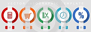 Shopping flat design icon set, miscellaneous icons such as calculator, cart, barber, clock and percent, vector infographic