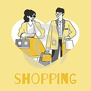 Shopping flyer design template. Man and woman carrying shopping packages vector outline cartoon illustration.