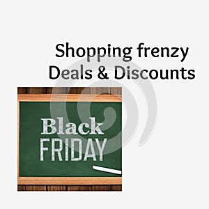 Shopping frenzy, deals and discounts text on grey background with black friday text on chalkboard