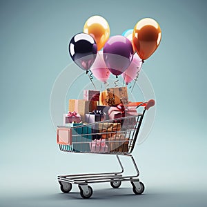 Shopping giftboxes in shopping cart with balloon, AI generated