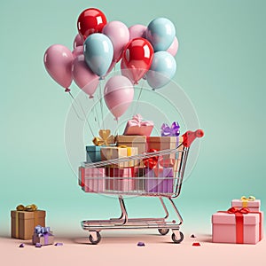 Shopping giftboxes in shopping cart with balloon, generativeAI