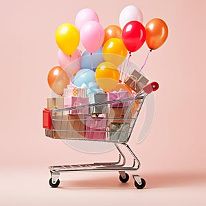 Shopping giftboxes in shopping cart with balloon, generativeAI