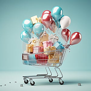 Shopping giftboxes in shopping cart with balloon, generativeAI