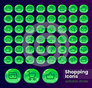 Shopping glossy ui button with linear icon big set