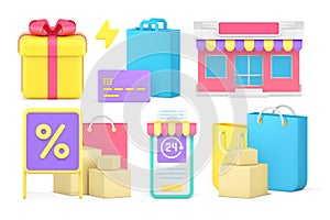 Shopping goods purchase internet store order sale discount special offer set 3d icon vector