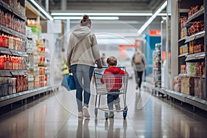 Shopping for groceries is being done by a mother and her child in a grocery store