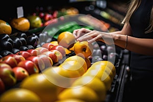 Shopping for groceries fruits and vegetables in a grocery supermarket store aisle. Generative AI