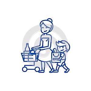 Shopping grocery,mother with son line icon concept. Shopping grocery,mother with son flat vector symbol, sign, outline