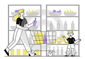 Shopping in grocery outline vector concept