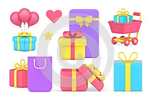 Shopping holiday sale discount present gift box order purchase set 3d icon realistic vector