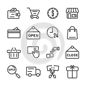 Shopping icon set. Black Friday and Cyber Monday concept Thin line icon theme. Outline stroke symbol icons. White isolated