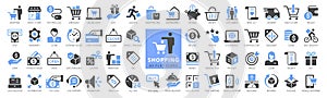 Shopping icons 100, set shop sign e-commerce for web development apps and websites