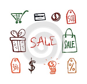 Shopping icons by hand drawn doodle set. Color outline vector isolated