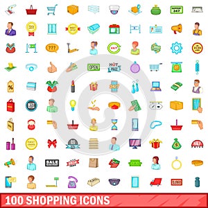 100 shopping icons set, cartoon style