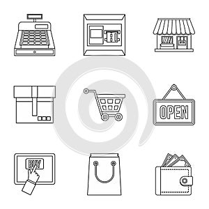 Shopping icons set, outline style