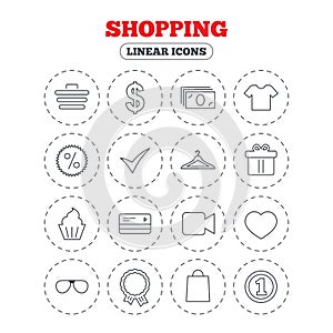 Shopping icons. Shirt, gift box and currency.