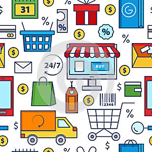 Shopping icons vector seamless pattern. Purchase and delivery collection. Online or offline shopping sign. Money sale photo