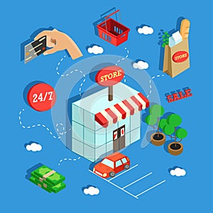 Shopping isometric concept with related elements on light blue background