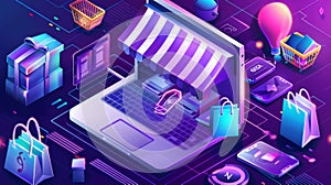 Shopping isometric landing page, customer choosing online products from internet market, buyer pressing buy button on