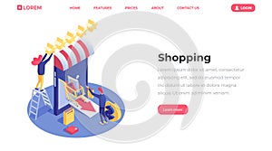 Shopping landing page isometric vector template. E-commerce and e-trading industry, businessman launching online store