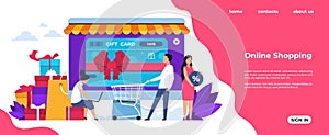Shopping landing page. Online and mobile purchasing, cartoon people characters at shop or market. Vector online shopping photo