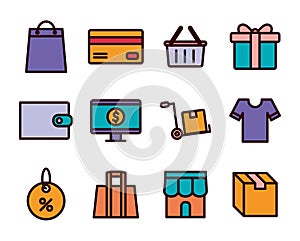 Shopping line and fill style icon set vector design