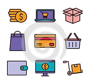 Shopping line and fill style icon set vector design