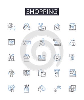 Shopping line icons collection. Retail therapy, Buying spree, Consumer culture, Retail therapy, Splurging spree, Bargain