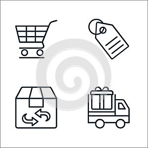 Shopping line icons line icons. linear set. quality vector line set such as delivery truck, delivery box, tag