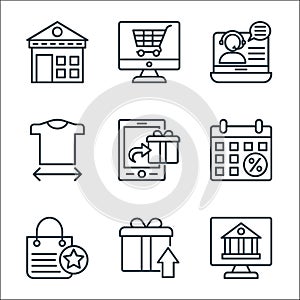 shopping line icons line icons. linear set. quality vector line set such as internet banking, gift box, shopping bag, schedule,